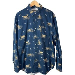 Columbia Shirt Men's Med Navy Whitetail Deer Print Long Sleeve Button Down EUC